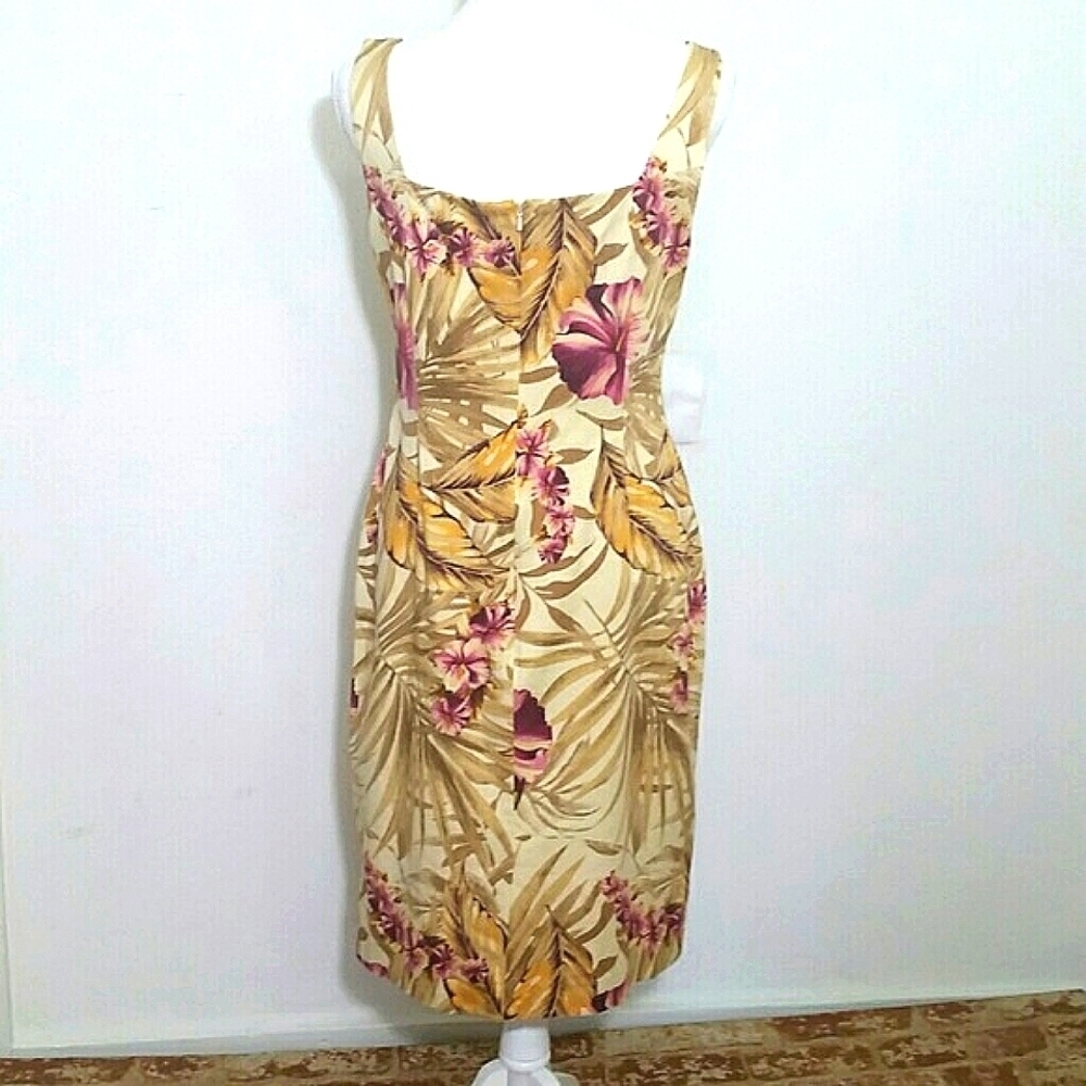 Sundress Palm Leaf Print Floral Midi Lined beige yellow pink red halter top - Picture 2 of 5